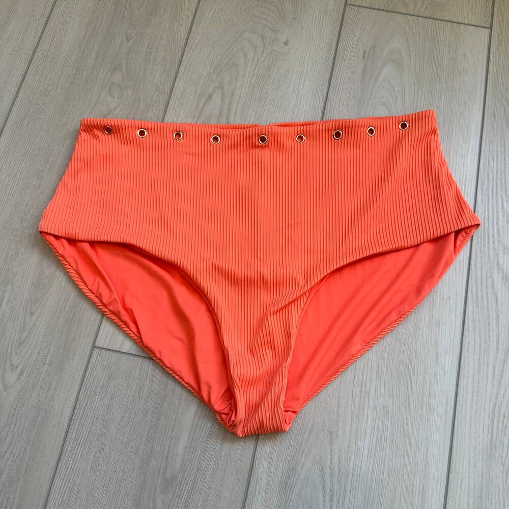 Coastal Waves neon orange grommet high waisted ribbed swim bikini bottoms 1X